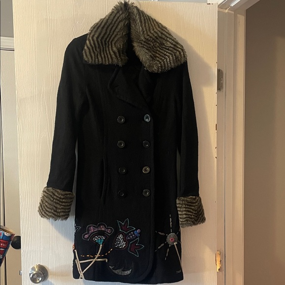 Desigual Jackets & Blazers - Desigual Black Pea Coat with Embroidered Floral Design